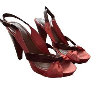 BCBGeneration Coral Satin and Brown Platform Slingback Bow Heels
